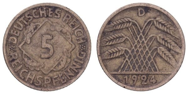 GERMANY 5 reichspfennig 1924D / Weimar Republic / VF