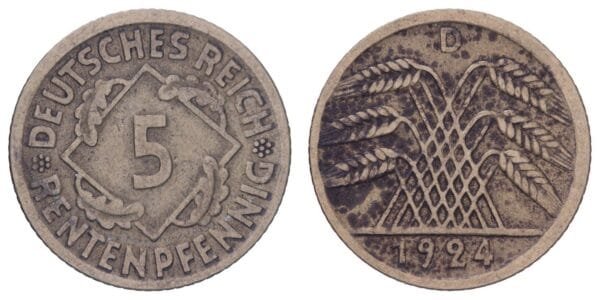 GERMANY 5 rentenpfennig 1924D / Weimar Republic / VF