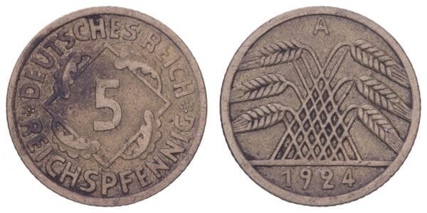GERMANY 5 reichspfennig 1924A / Weimar Republic / VF