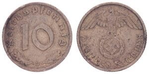 GERMANY 10 reichspfennig 1938D / 3rd Reich / VF