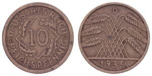 GERMANY 10 reichspfennig 1938D / 3rd Reich / VF