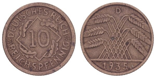 GERMANY 10 reichspfennig 1938D / 3rd Reich / VF
