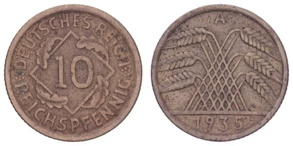 GERMANY 10 reichspfennig 1935A / 3rd Reich / VF