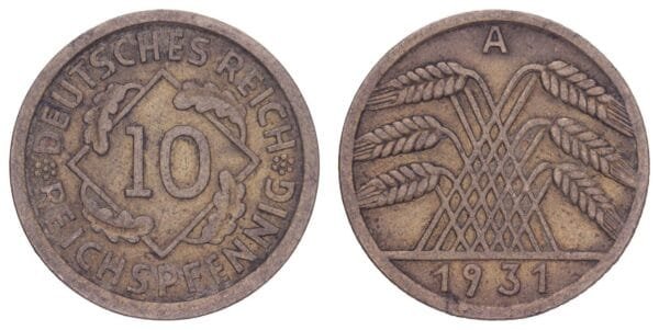 GERMANY 10 reichspfennig 1931A / Weimar Republic / VF