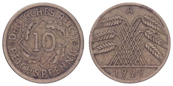 GERMANY 10 reichspfennig 1929A / Weimar Republic / VF