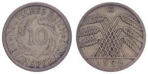 GERMANY 10 reichspfennig 1925A / Weimar Republic / VF