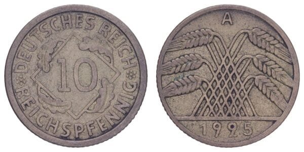 GERMANY 10 reichspfennig 1925A / Weimar Republic / VF