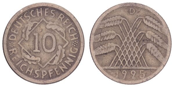 GERMANY 10 reichspfennig 1925D / Weimar Republic / VF