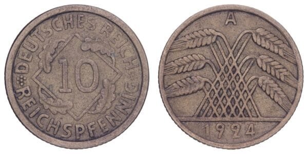 GERMANY 10 reichspfennig 1924A / Weimar Republic / VF