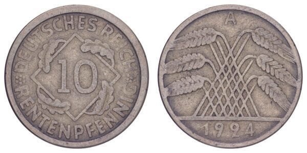 GERMANY 10 rentenpfennig 1924A / Weimar Republic / VF