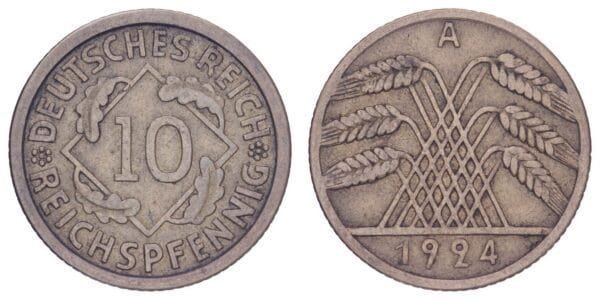 GERMANY 10 reichspfennig 1924A / Weimar Republic / VF