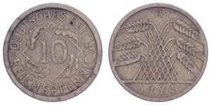 GERMANY 10 reichspfennig 1924A / Weimar Republic / VF