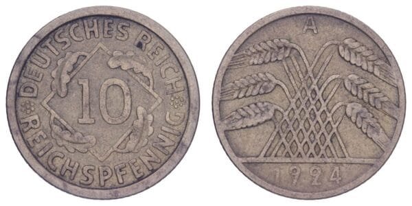 GERMANY 10 reichspfennig 1924A / Weimar Republic / VF