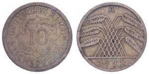 GERMANY 10 reichspfennig 1925A / Weimar Republic / VF-