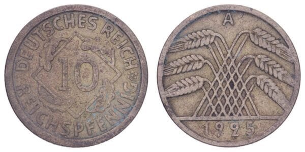 GERMANY 10 reichspfennig 1925A / Weimar Republic / VF-
