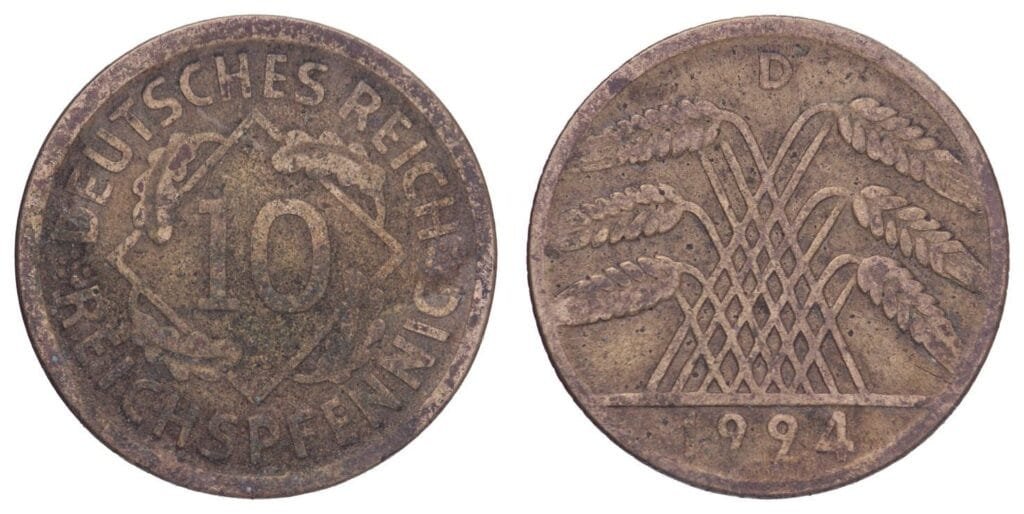 NJEMAČKA 10 rajhspfeninga 1924D / Vajmarska Republika / VF-