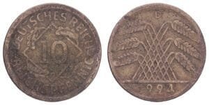 GERMANY 10 reichspfennig 1924D / Weimar Republic / VF-