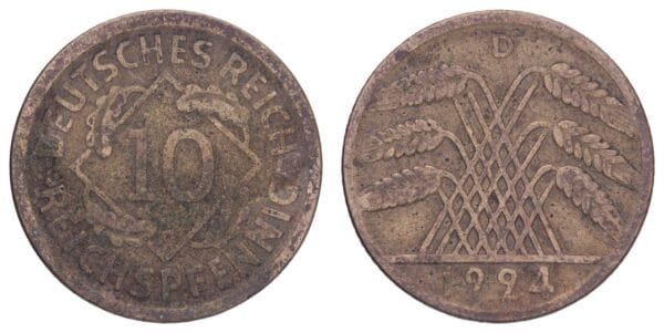 GERMANY 10 reichspfennig 1924D / Weimar Republic / VF-
