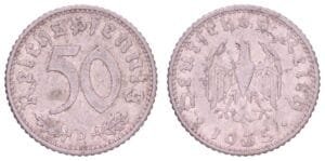GERMANY 50 reichspfennig 1935D / 3rd Reich / VF-