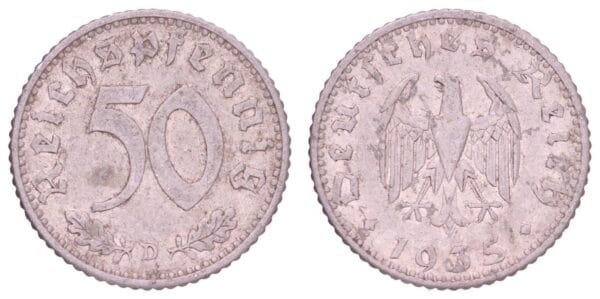 GERMANY 50 reichspfennig 1935D / 3rd Reich / VF-