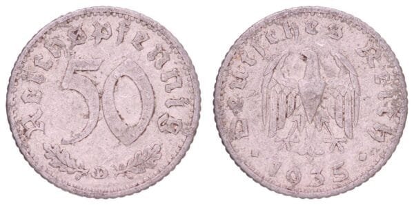 GERMANY 50 reichspfennig 1935D / 3rd Reich / VF-