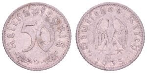 GERMANY 50 reichspfennig 1935D / 3rd Reich / VF-