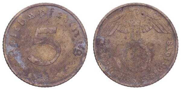 GERMANY 5 reichspfennig 1938A / 3rd Reich / F+