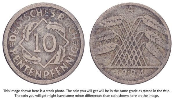 GERMANY 10 rentenpfennig 1924A / Weimar Republic / VF-