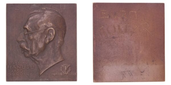 CROATIA Josip Hanuš plaque for 50 Years of Work in Sokol Society / 1919 / by Ivo Kerdić / Bronze (?) / 162.88 g / 62 x 40 mm