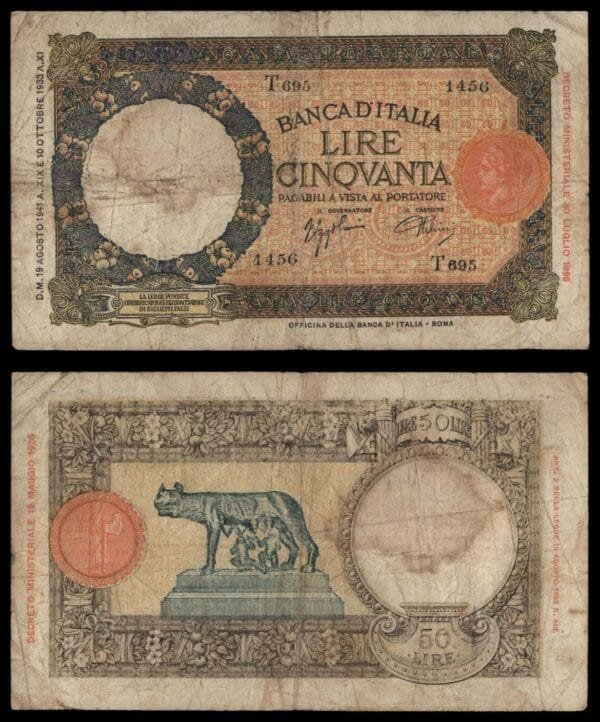 ITALY 50 lire 1941 / Date: 19.08.1941 / 131 x 77 mm / minor tear / F