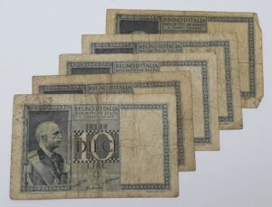 ITALY 10 lire WWII era low grade / banknotes lot / 5 pcs.