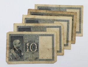 ITALY 10 lire WWII era low grade / banknotes lot / 5 pcs.