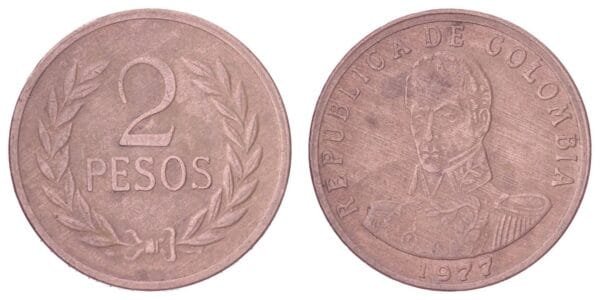 COLOMBIA 2 pesos 1977 VF
