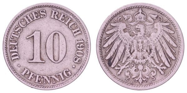 GERMANY 10 pfennig 1908A / Empire / VF