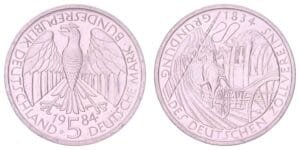 GERMANY 5 mark 1984D / 150th Anniversary of Foundation of the German Customs Union / XF+