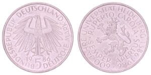 GERMANY 5 mark 1986D / 600th anniversary of the University of Heidelberg / XF