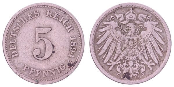 GERMANY 5 pfennig 1894D / Empire / VF