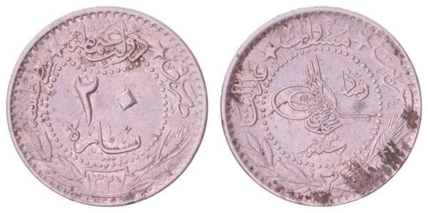 TURKEY 20 kurus AH1327/3 F+