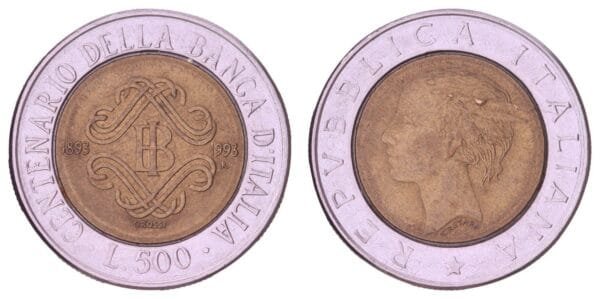 ITALY 500 lire 1993 / Centenary of the Bank of Italy / XF-