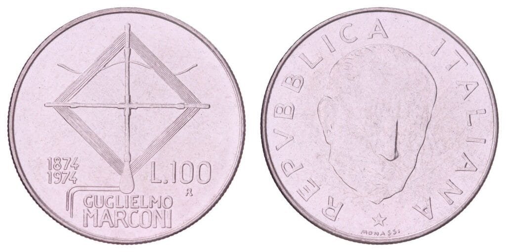ITALY 100 lire 1974 / 100th Anniversary of the Birth of Guglielmo Marconi / XF