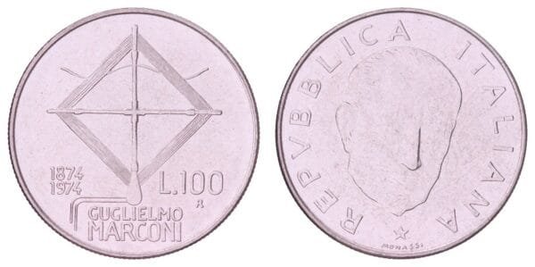 ITALY 100 lire 1974 / 100th Anniversary of the Birth of Guglielmo Marconi / XF