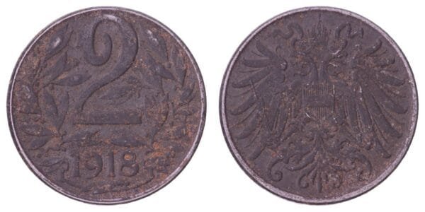AUSTRIA 2 heller 1918 / WWI issue / VF