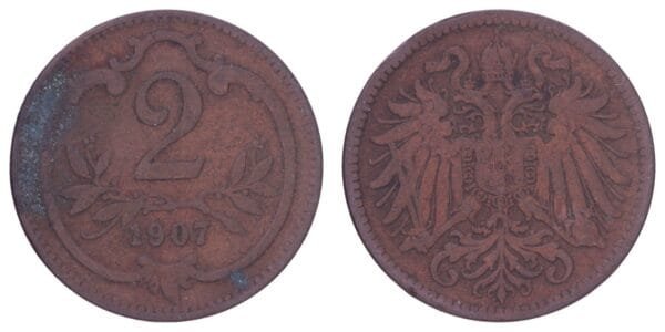 AUSTRIA 2 heller 1907 VF