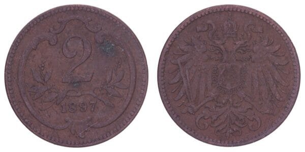 AUSTRIA 2 heller 1897 VF-