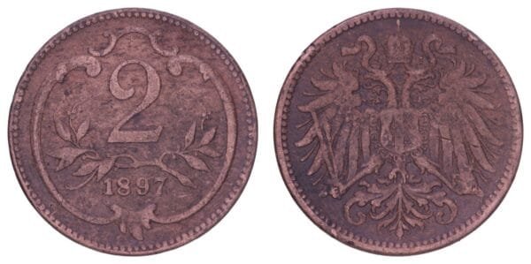 AUSTRIA 2 heller 1897 F+