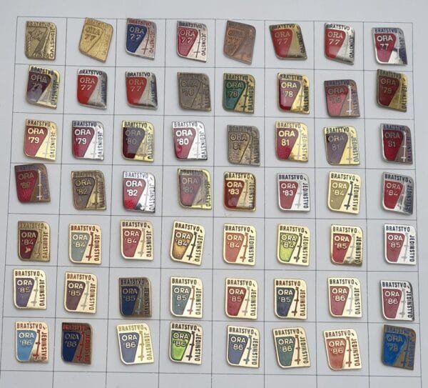 YUGOSLAVIA Communist Youth Labour Action / ORA Fraternity & Unity Highway / Zagreb-Belgrade / lapel pins lot / 56 pcs.