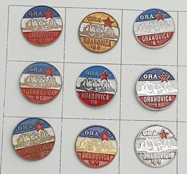 YUGOSLAVIA Croatia / Communist Youth Labour Action / ORA Orahovica / lapel pins lot / 9 pcs.