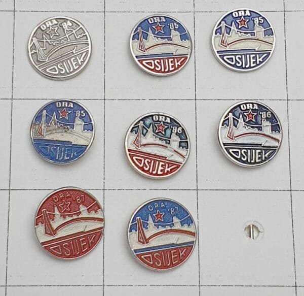 YUGOSLAVIA Croatia / Communist Youth Labour Action / ORA Osijek / lapel pins lot / 8 pcs.