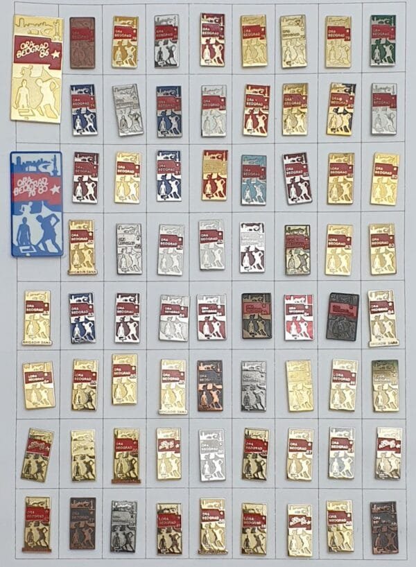 YUGOSLAVIA Serbia / Communist Youth Labour Action / ORA Beograd / lapel pins lot / 62 pcs.