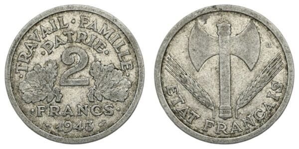 FRANCE 2 francs 1943 / Vichy regime WWII issue / VF-